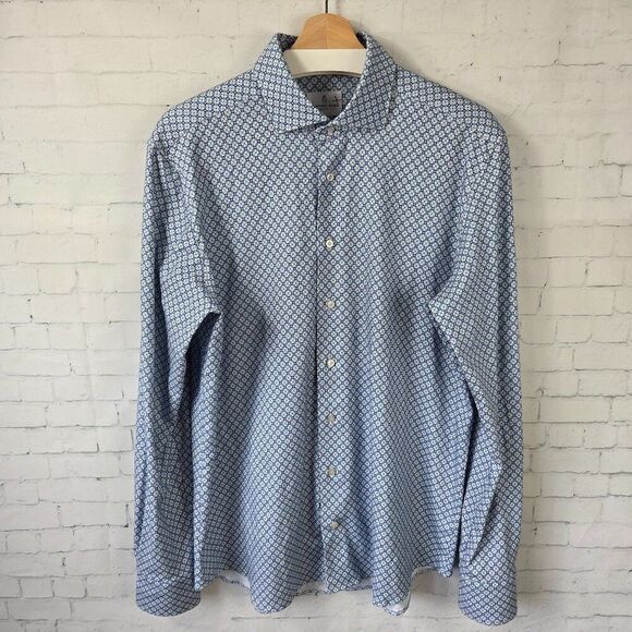 Emanuel Berg Modern Fit Dress Shirt Size L 16.5 Blue Geometric Soft Button Up - Picture 1 of 9